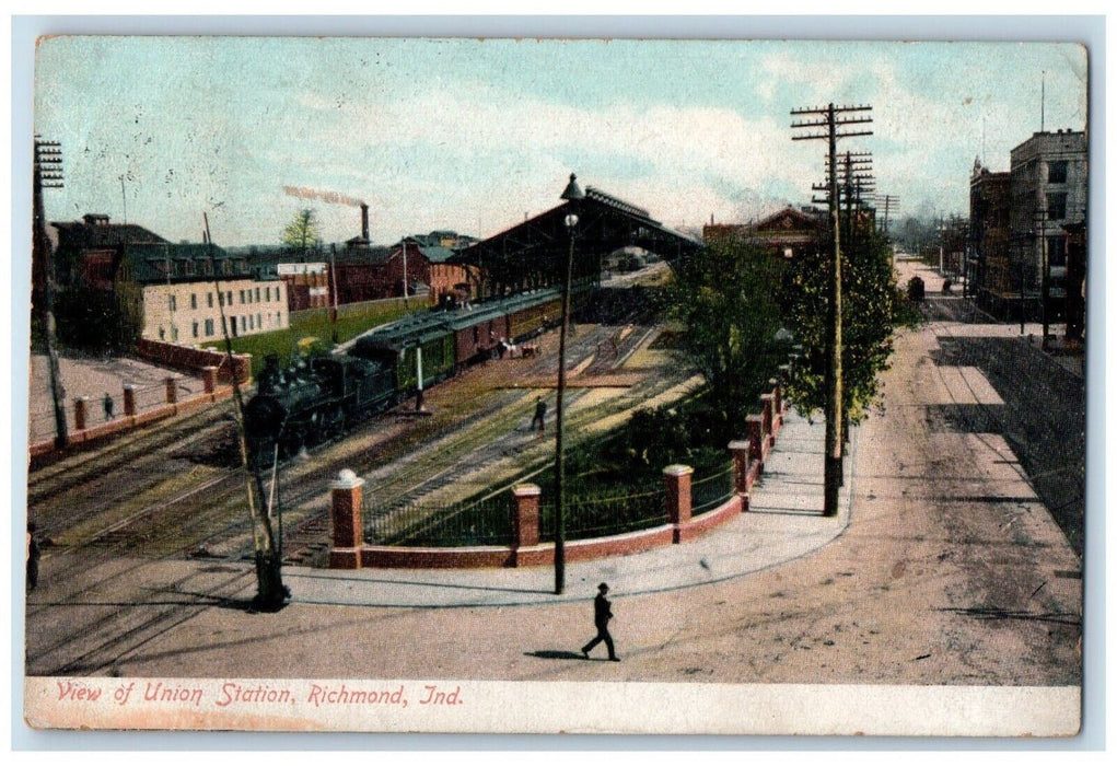 1908 View Union Station Locomotive Richmond Indiana IN Antique Vintage Postcard