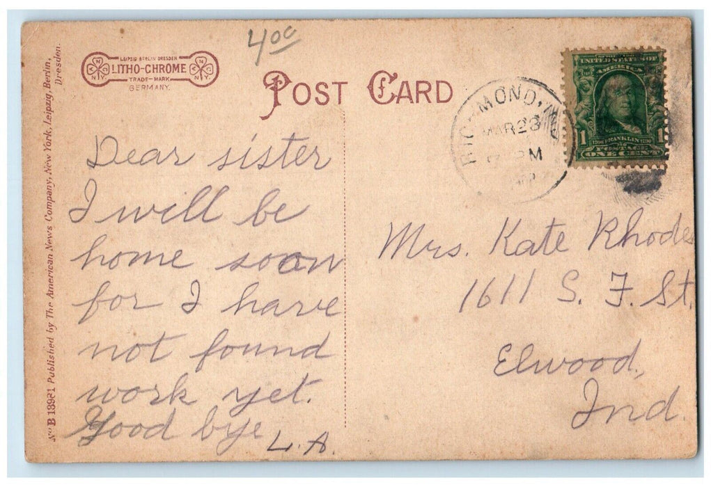 1908 View Union Station Locomotive Richmond Indiana IN Antique Vintage Postcard