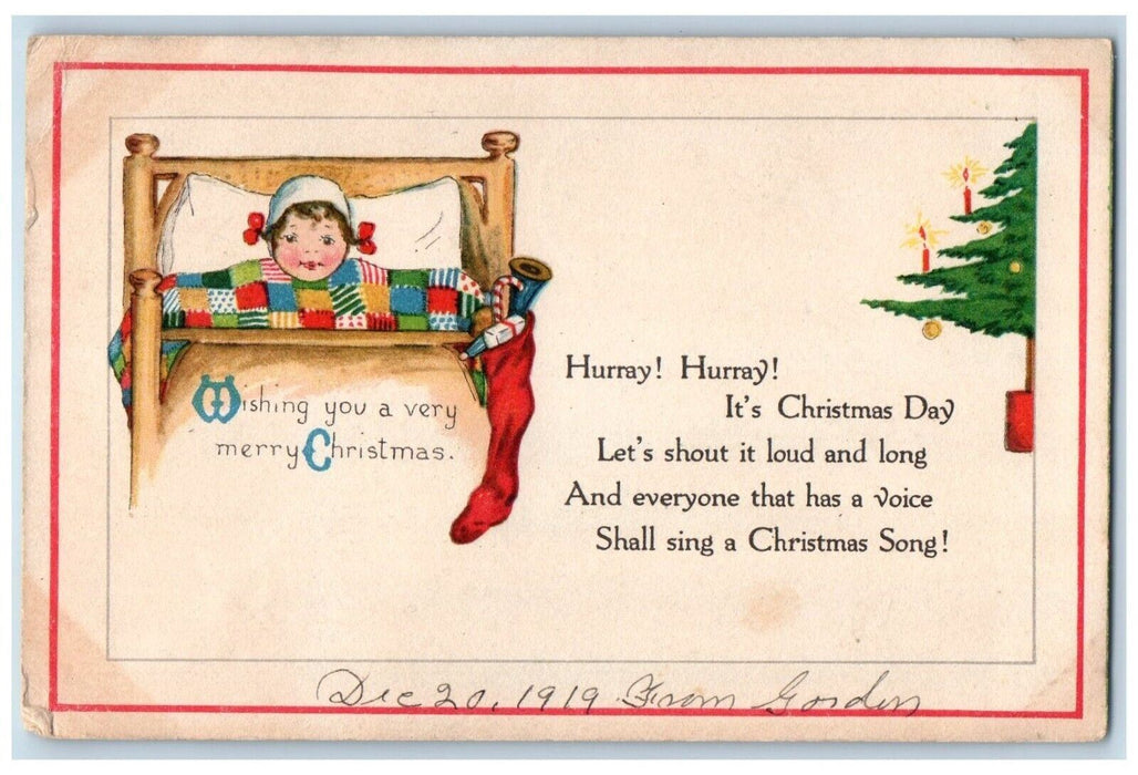 Christmas Little Girl On Bed Stocking Full Of Toys Washington DC Clark Postcard