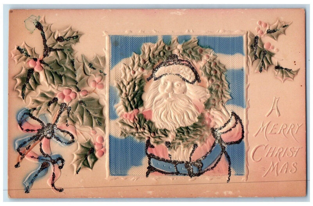 c1910's Christmas Santa Claus Whreat Holly Berries Airbrushed Glitter Postcard