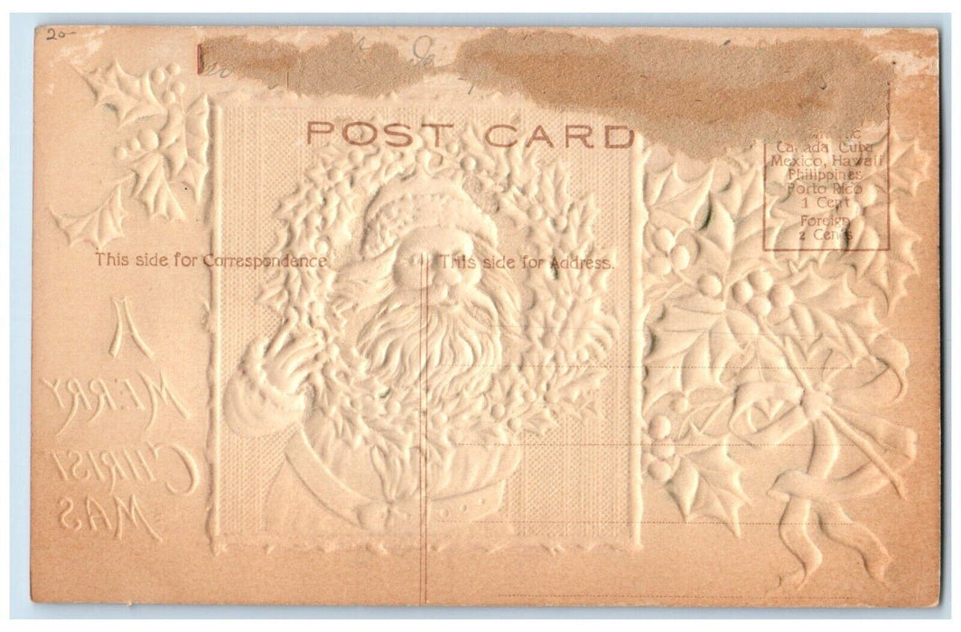 c1910's Christmas Santa Claus Whreat Holly Berries Airbrushed Glitter Postcard