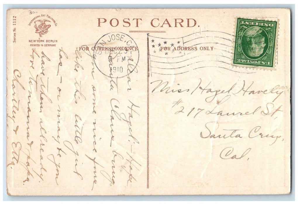 1910 Christmas Santa Girl Handwarmer Clapsaddle Embossed San Jose CA Postcard