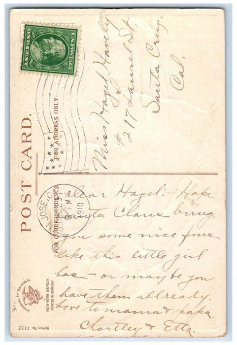 1910 Christmas Santa Girl Handwarmer Clapsaddle Embossed San Jose CA Postcard