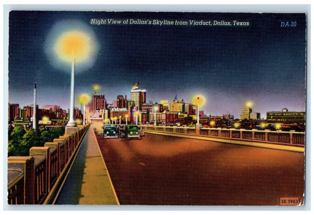 Night View Scene Of Dallas's Skyline From Viaduct Dallas Texas TX  Postcard