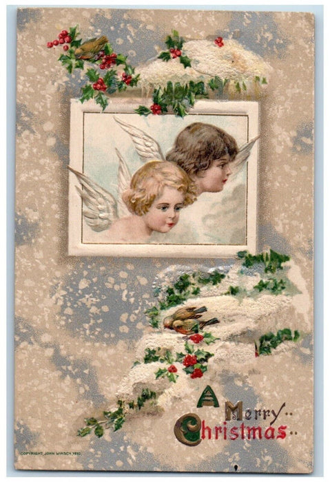 1910 Merry Christmas Angel Head Song Birds Holly Berries John Winsch Postcard