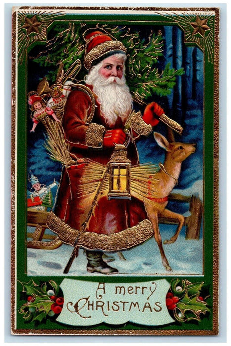 Christmas Santa Claus Basket Toys Lantern Deer Berries Gel Gold Gilt Postcard