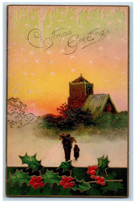 c1910's Christmas Greetings House Winter Holly Berries Embossed Antique Postcard