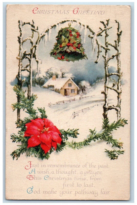 1924 Christmas Greeting House Poinsettia Flowers Bell Winter Wolf Postcard