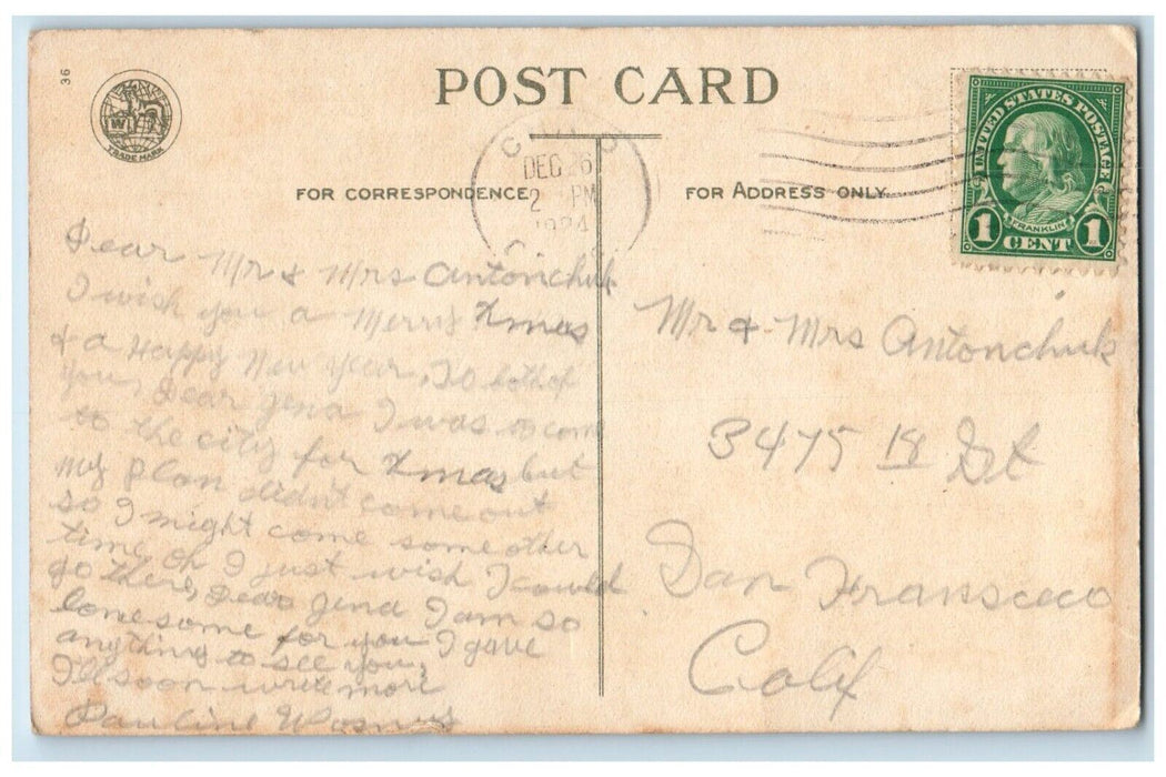1924 Christmas Greeting House Poinsettia Flowers Bell Winter Wolf Postcard