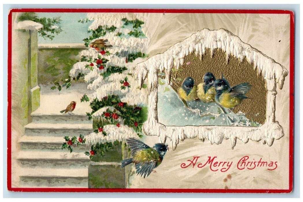 c1910's Christmas Song Birds Holly Berries Winter Winsch Back Embossed Postcard