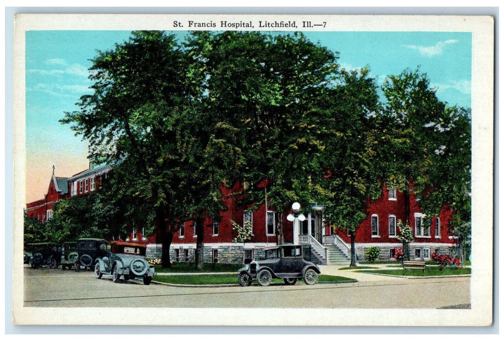 Entrance To St. Francis Hospital Cars Scene Litchfield Illinois IL Postcard
