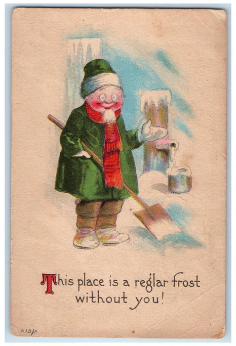 1910 Christmas Old Man Shovel Winter Frost Pasadena California CA Postcard