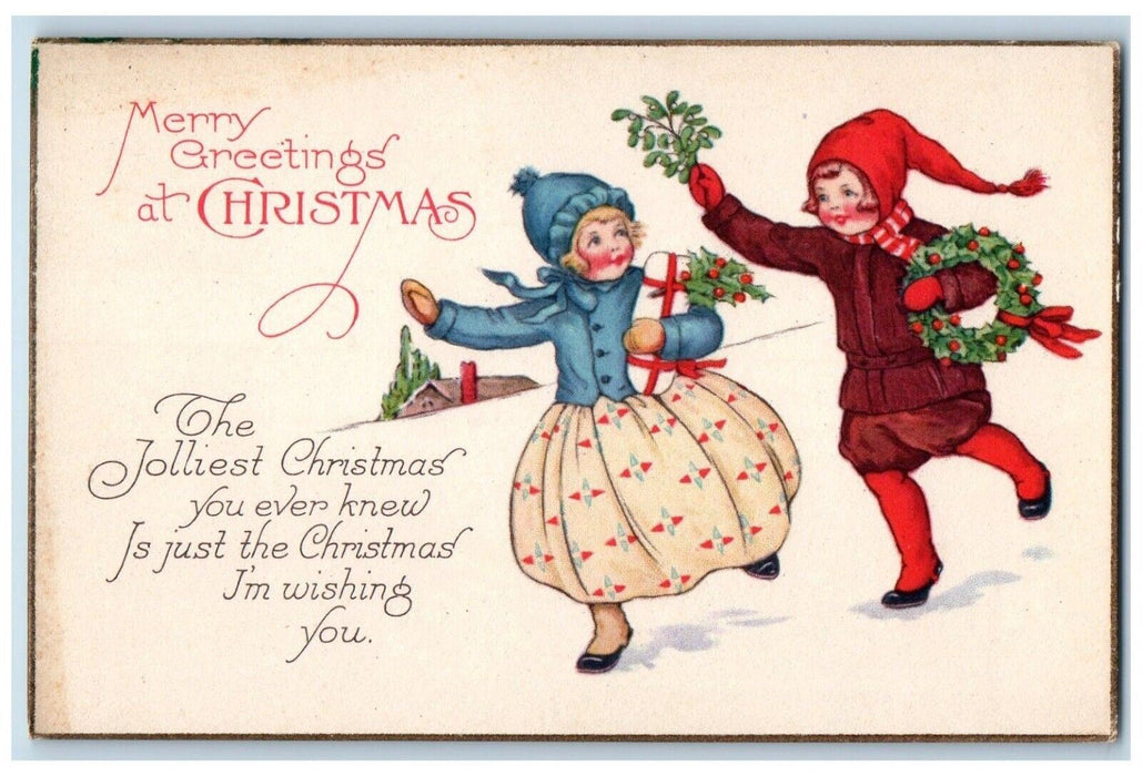 c1910's Christmas Greetings Children Holly Berries Whreat Mistletoe Postcard