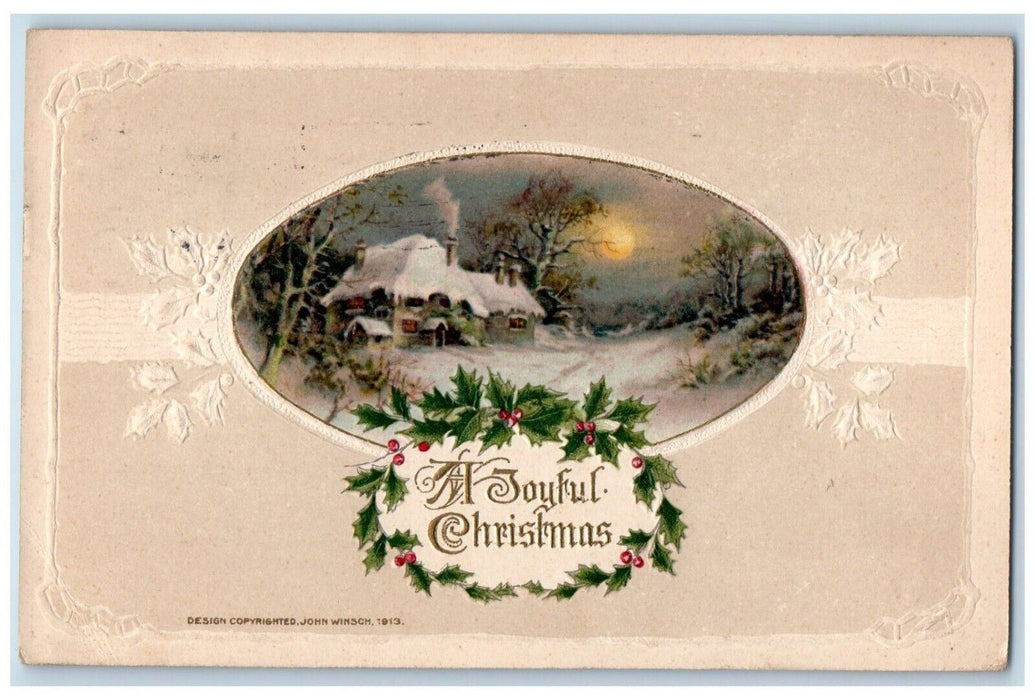 Christmas Berries House Winter Moon John Winsch Embossed Pittsburg PA Postcard