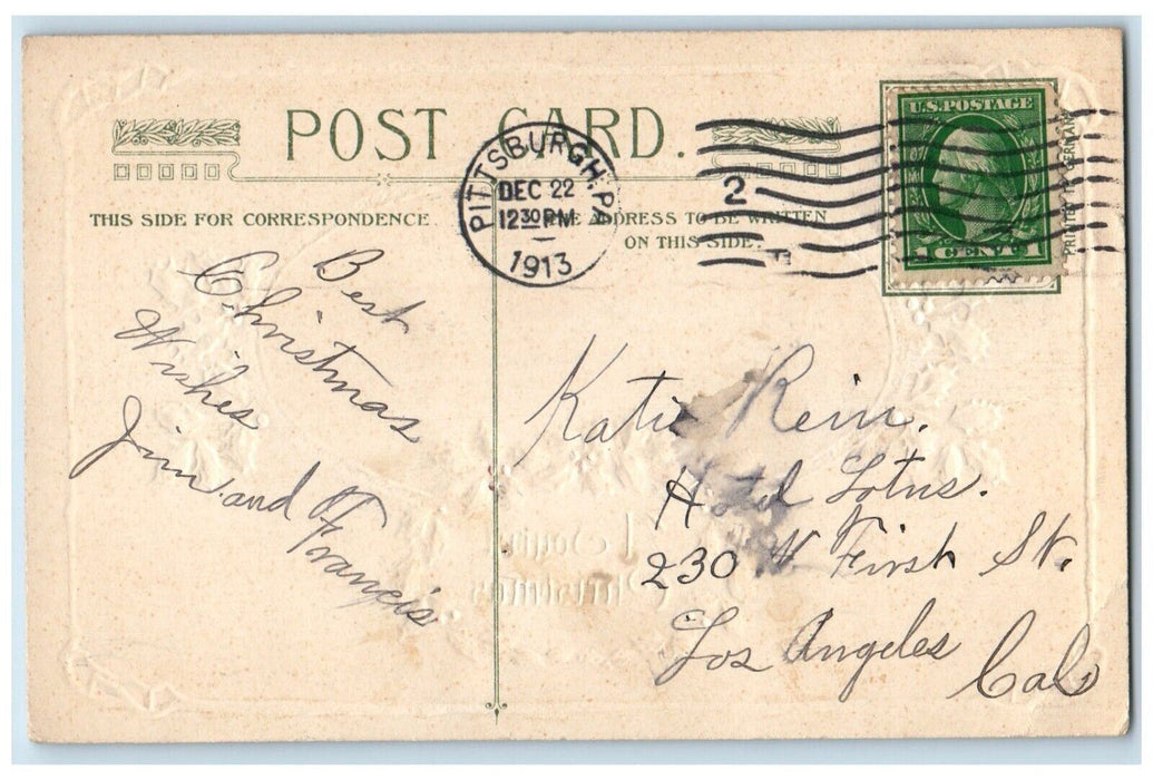 Christmas Berries House Winter Moon John Winsch Embossed Pittsburg PA Postcard