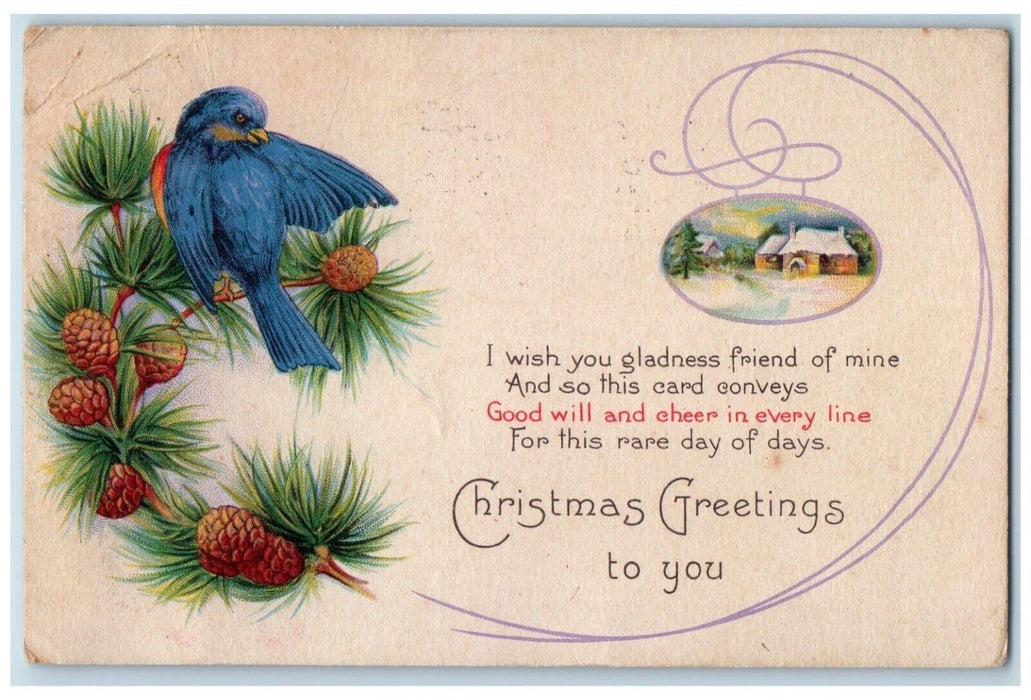 Christmas Greetings Song Bird Pine Cone House Winter San Francisco CA Postcard