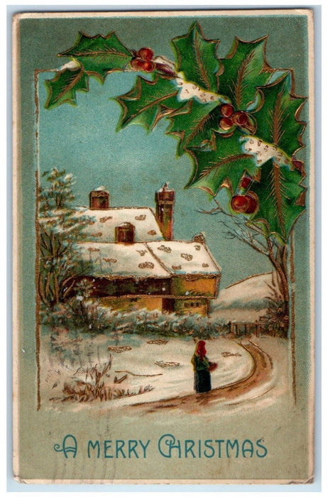 1907 Christmas House Winter Berries Embossed Gardiner ME Boston MA Postcard