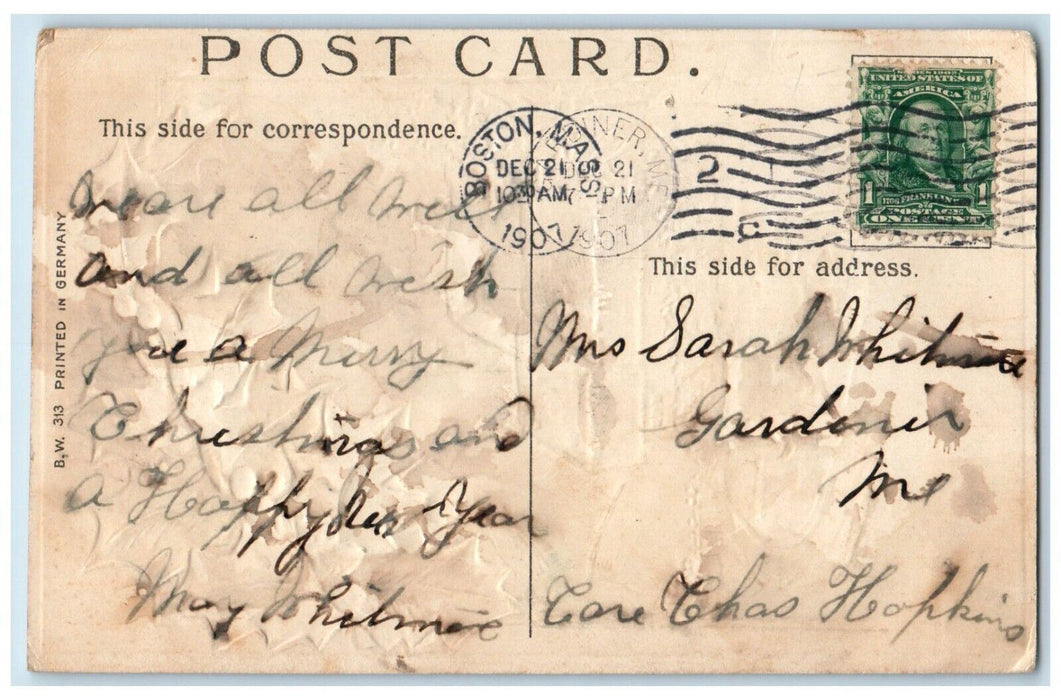 1907 Christmas House Winter Berries Embossed Gardiner ME Boston MA Postcard
