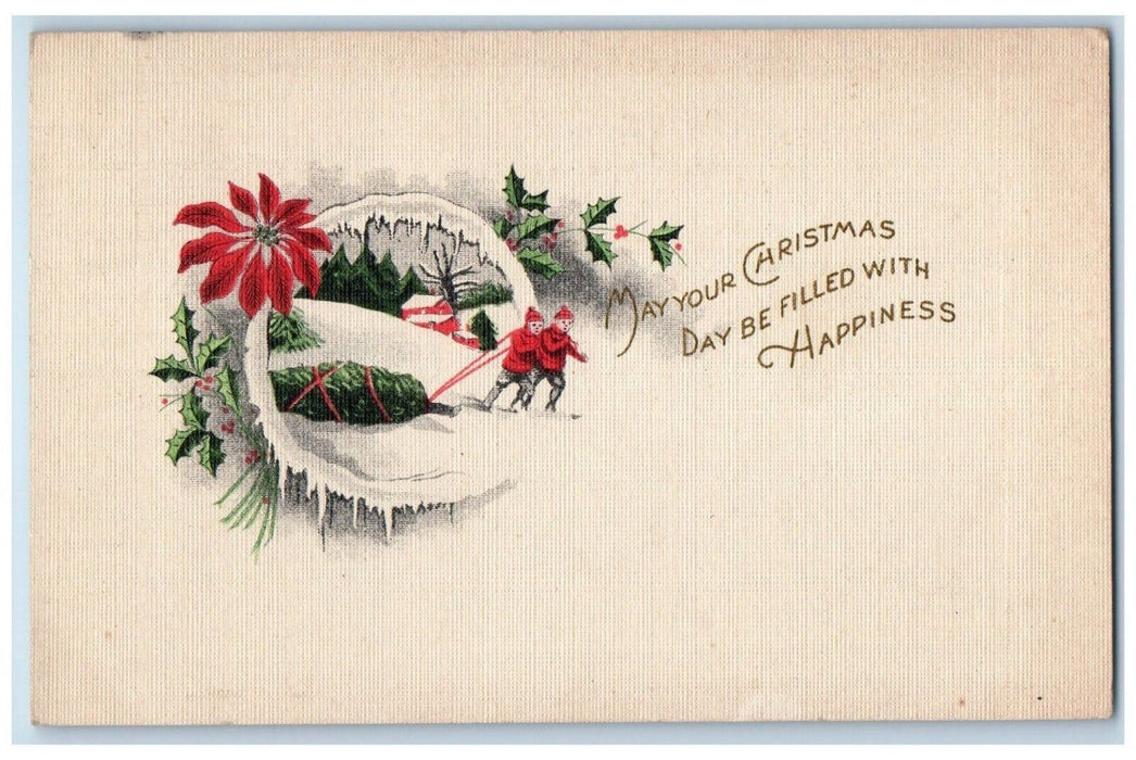 c1910's Christmas Boys Pulling Pine Trees Poinsettia Berries Minimalist Postcard