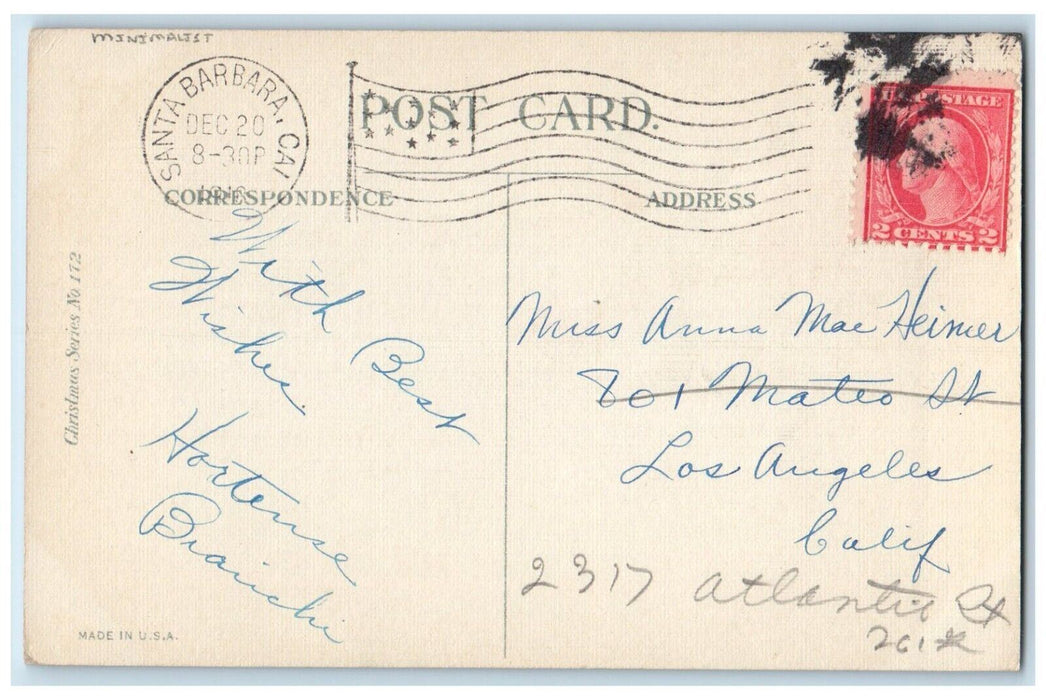 c1910's Christmas Boys Pulling Pine Trees Poinsettia Berries Minimalist Postcard