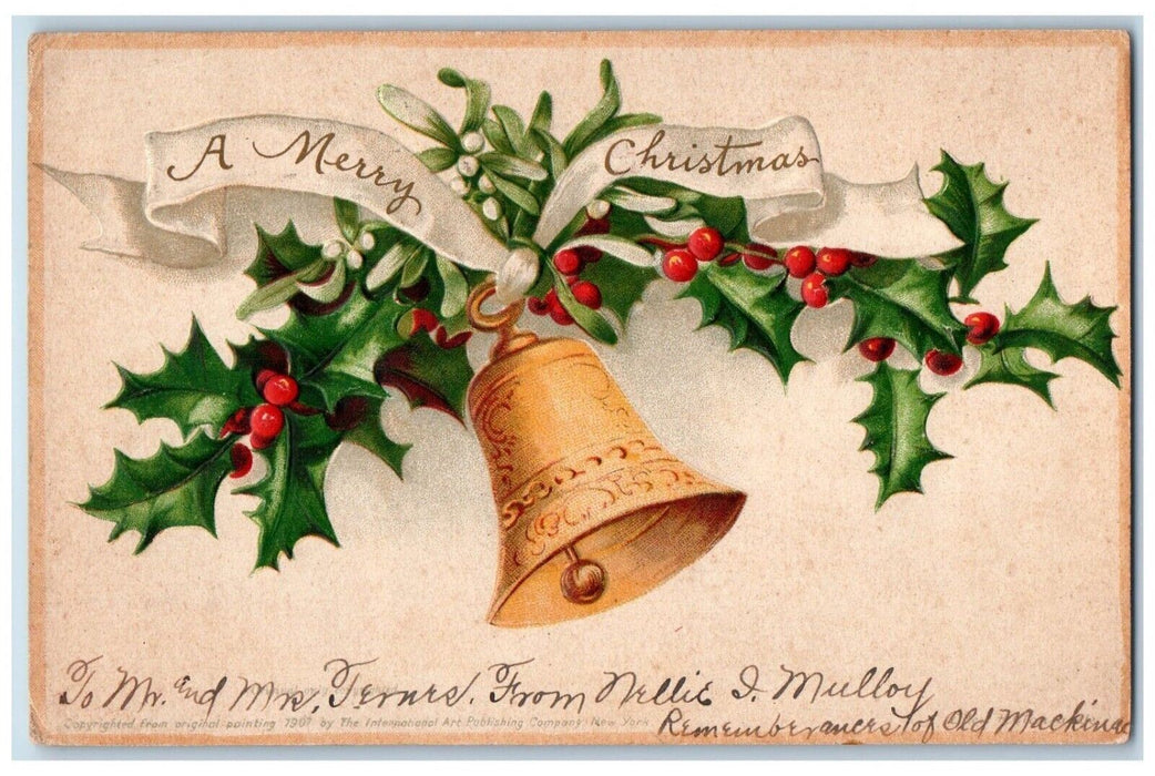 c1905 Christmas Ringing Bell Holly Berries Mistletoe Clapsaddle Antique Postcard