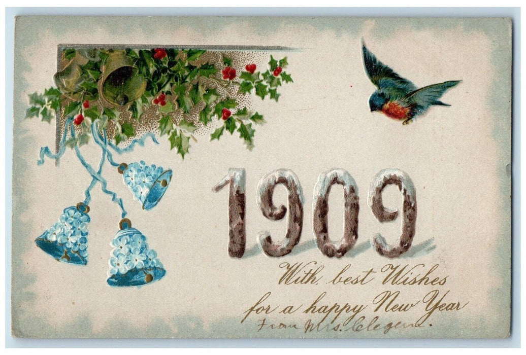 1909 New Year Ringing Bells Pansies Holly Berries Bird Winsch Back Postcard