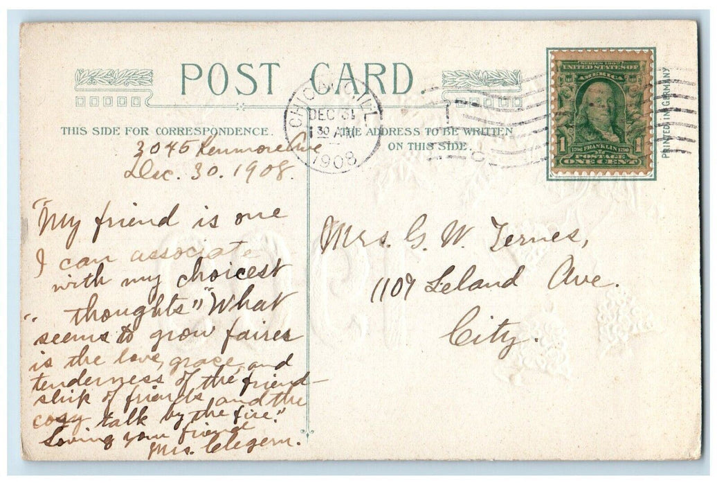 1909 New Year Ringing Bells Pansies Holly Berries Bird Winsch Back Postcard