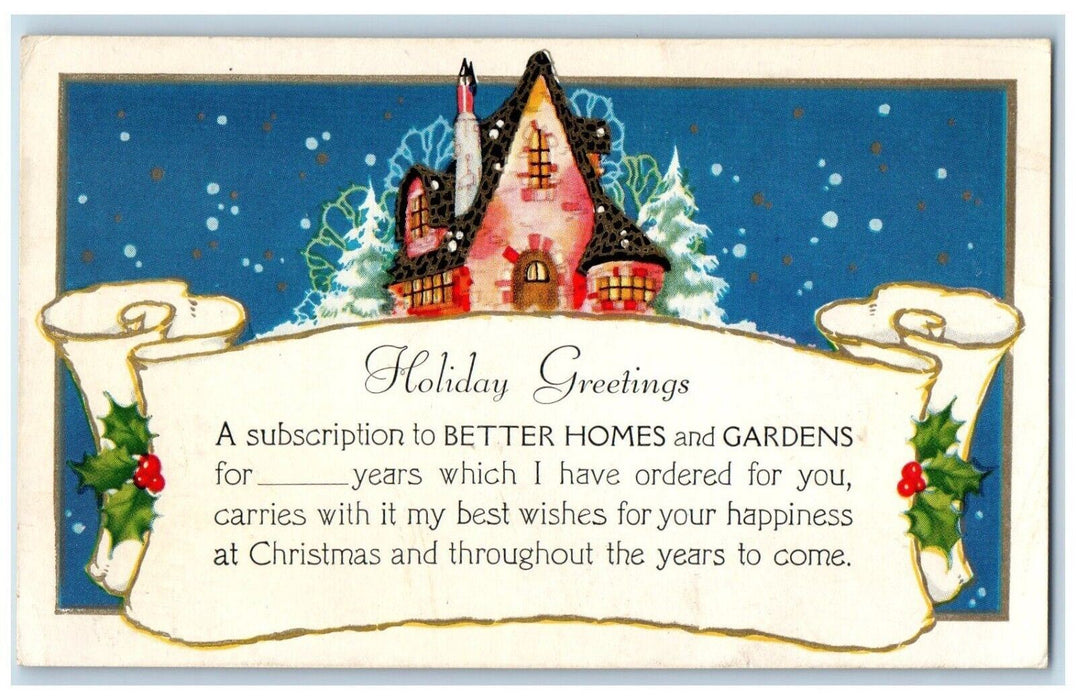 c1920's Holiday Greetings Home Gardens Holly Berries Unposted Vintage Postcard