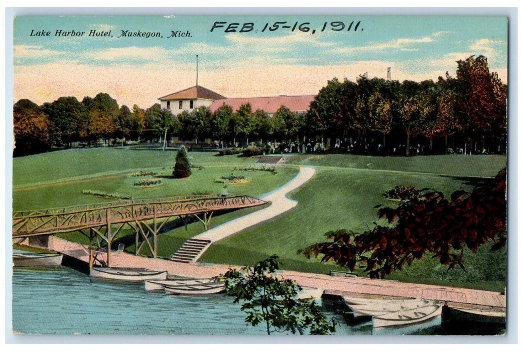 1911 View Of Lake Harbor Hotel Boat Muskegon Michigan MI Antique Postcard