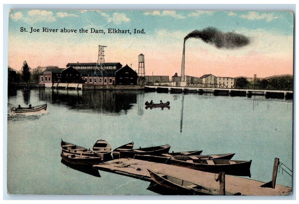 1910 Canoeing St Joe River Above Dam Elkhart Indiana IN Vintage Antique Postcard