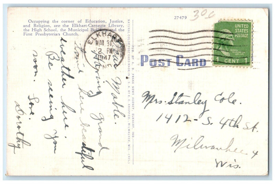 1947 Corner Education Justice Religion Elkhart Multi-View Indiana IN Postcard