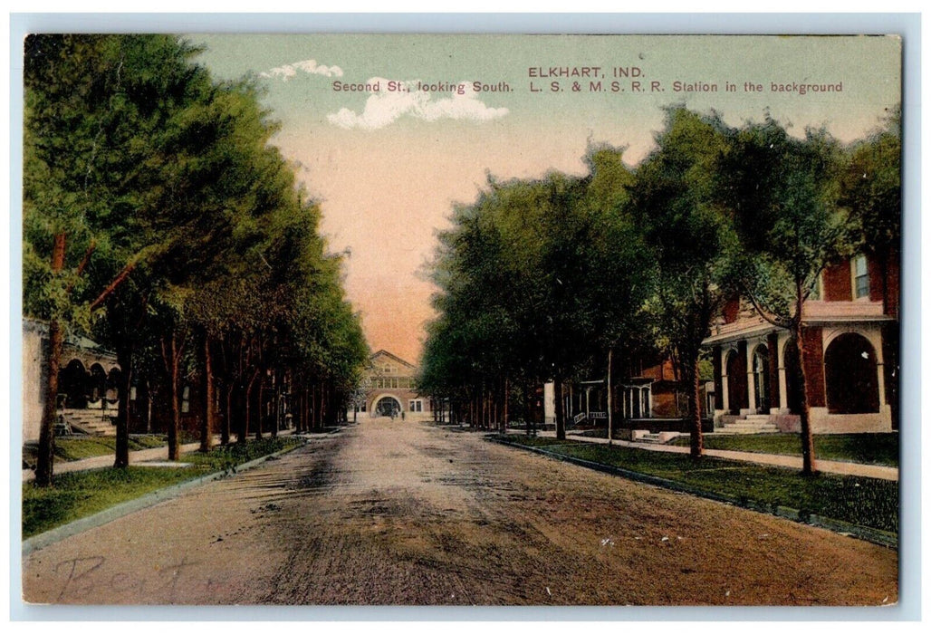 1909 Second St Looking South LS & MS Railroad Station Elkhart Indiana Postcard