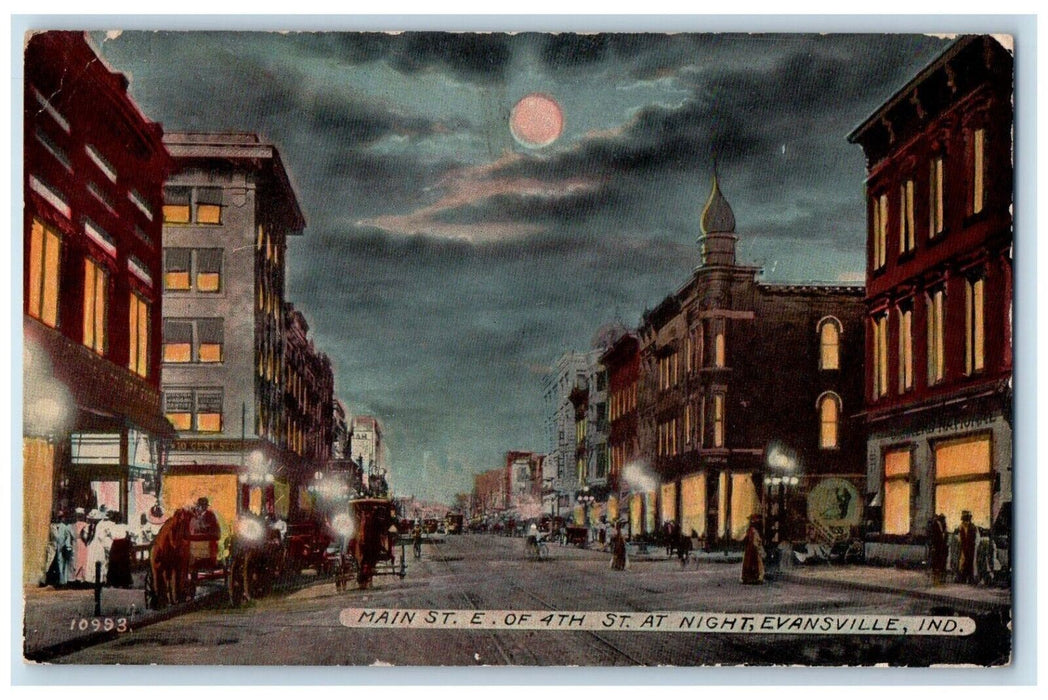 c1910 Main St E 4th St Night Moon Evansville Indiana Vintage Antique Postcard