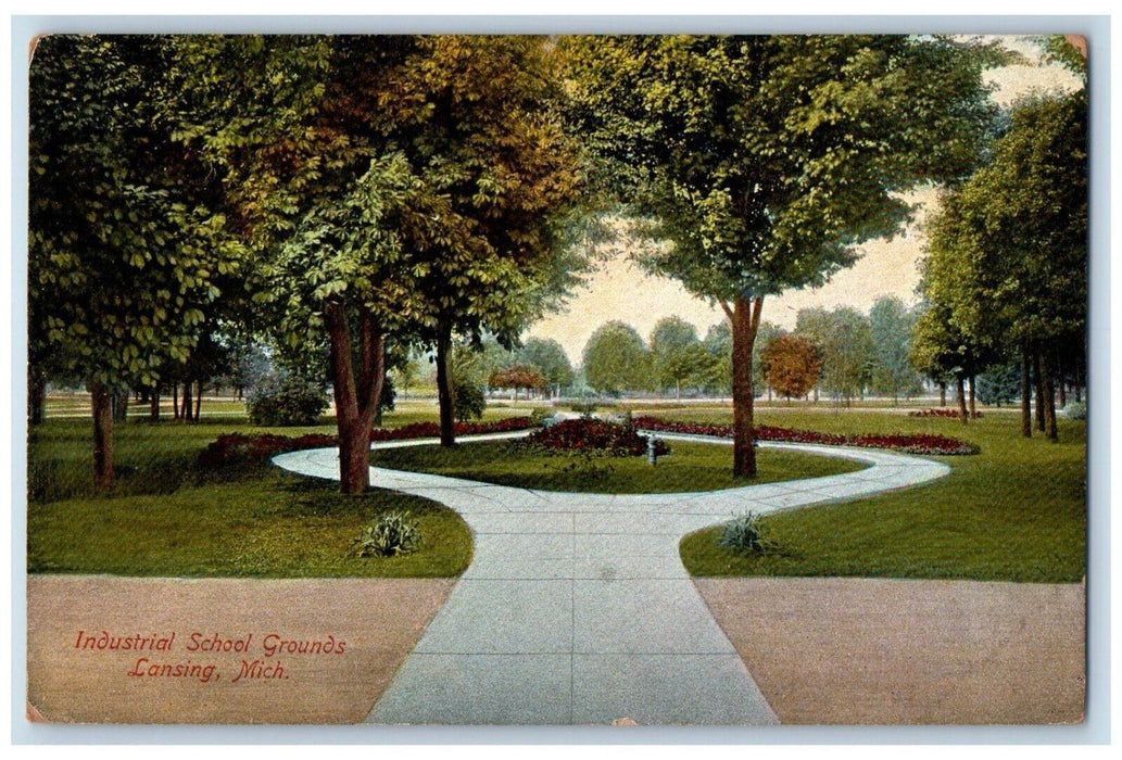 c1910 Industrial School Grounds Park Trees Flowers Lansing Michigan MI Postcard