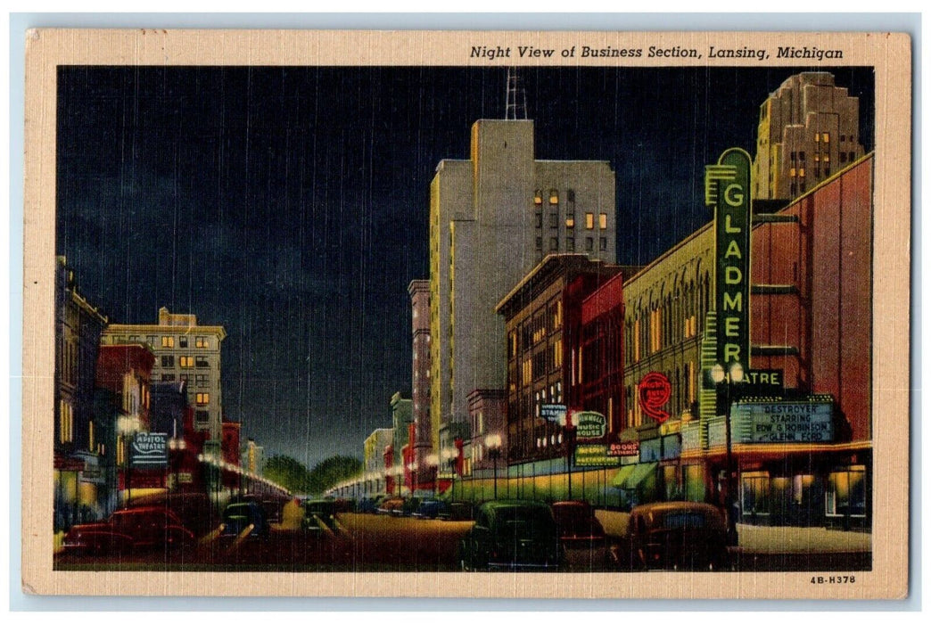 1952 Night View Business Section Exterior Gladmer Road Lansing Michigan Postcard