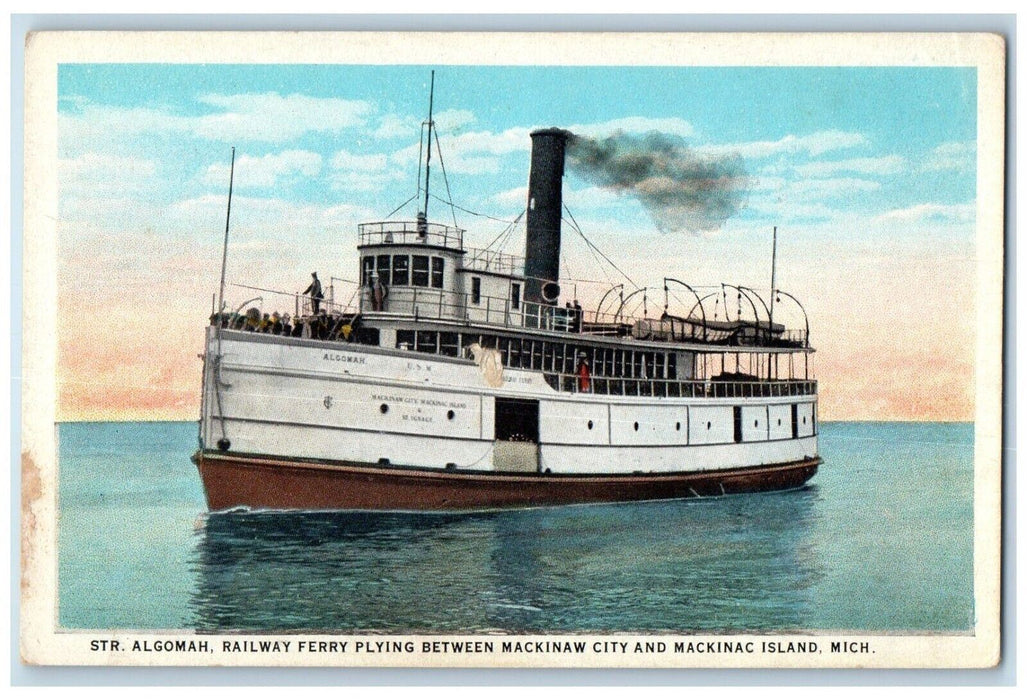 c1920 Str. Algomah Railway Ferry Plying Mackinaw City Mackinac Island Postcard