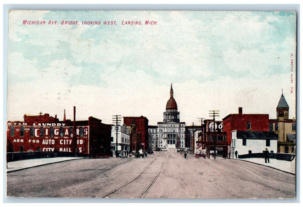 1909 Michigan Ave. Bridge Looking West Exterior Street Lansing Michigan Postcard