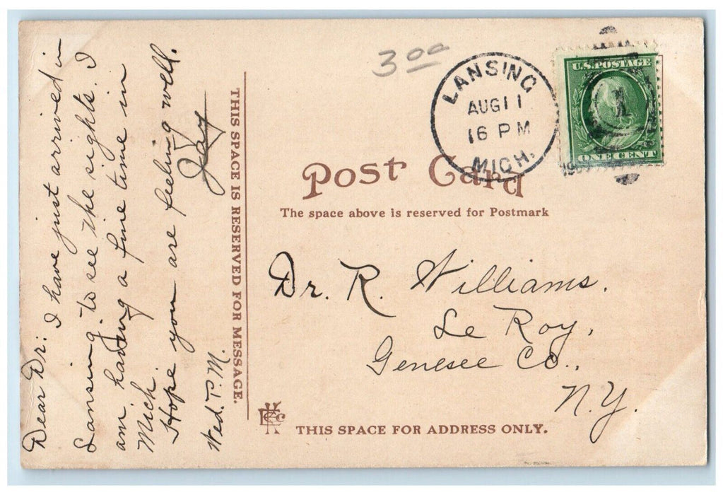 1909 Michigan Ave. Bridge Looking West Exterior Street Lansing Michigan Postcard