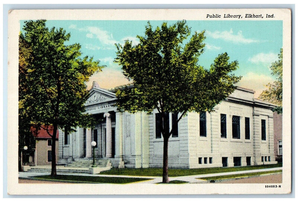 c1940 Roadside View Public Library Building Elkhart Indiana IN Vintage Postcard