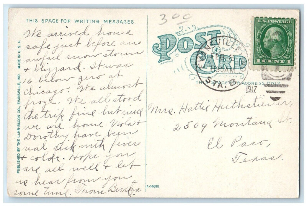 1917 United States Post Office Custom House Evansville Indiana Vintage Postcard