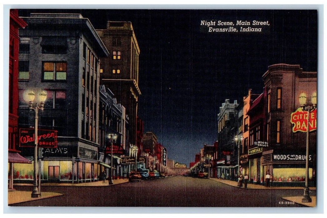 c1940 Scenic View Night Scene Main Street Evansville Indiana IN Vintage Postcard