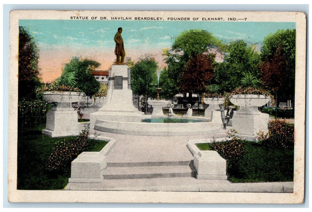 1930 Statue Fountain Dr Havilah Beardsley Founder Elkhart Indiana IN Postcard