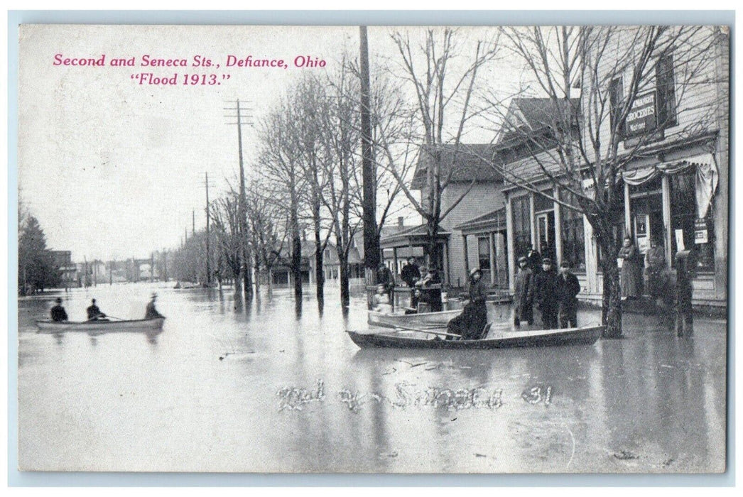 c1910 Flood 1913 Second Seneca Sts Boat Defiance Ohio Antique Vintage Postcard