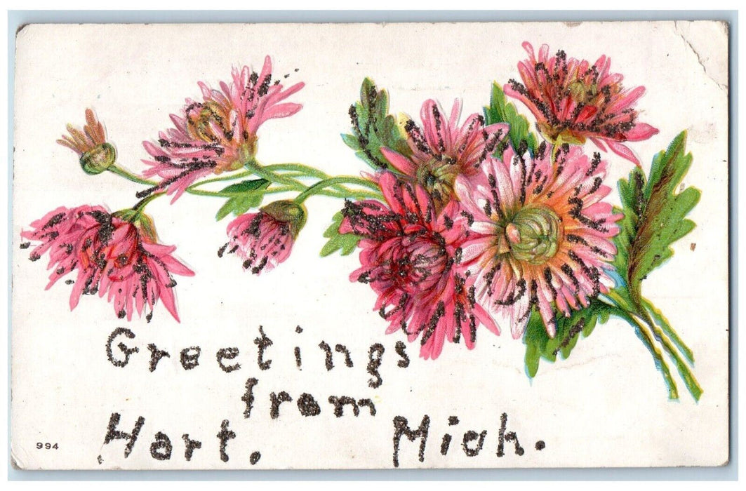 c1910 Greetings From Hart Michigan MI Banner Glitter Embossed Flowers Postcard