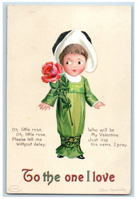 c1910's Valentine Girl Red Rose Flower Clapsaddle Embossed Antique Postcard
