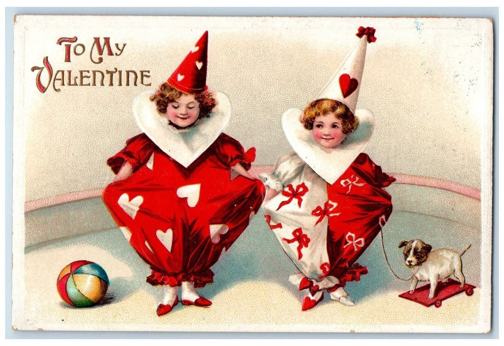 c1910's Valentine Children Jester Clown Costume Dog Clapsaddle Embossed Postcard