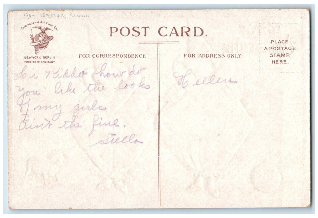 c1910's Valentine Children Jester Clown Costume Dog Clapsaddle Embossed Postcard