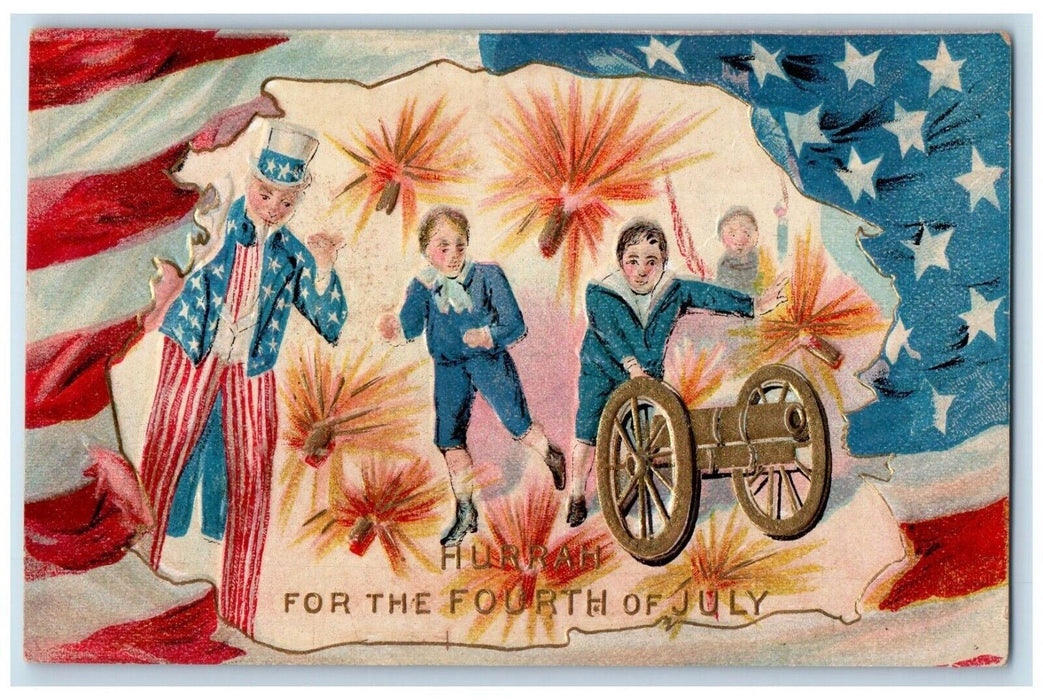 c1910's Fourth Of July Uncle Sam Cannon Patriotic Fireworks Embossed Postcard