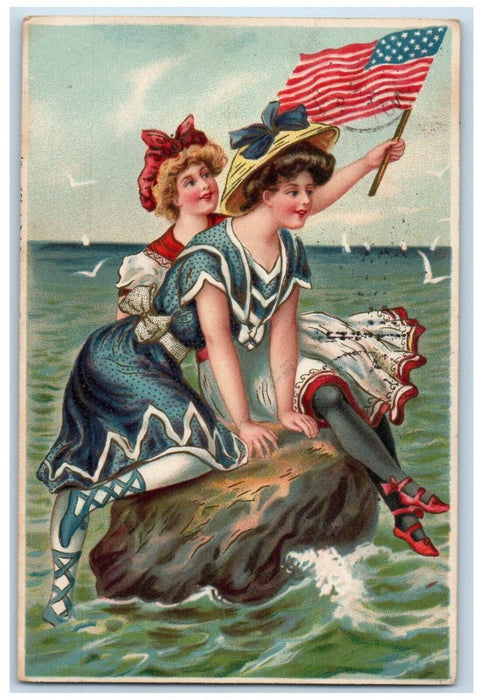 1909 Bathing Beauty Girls Sat On The Rock Beach Flag Long Beach CA Postcard