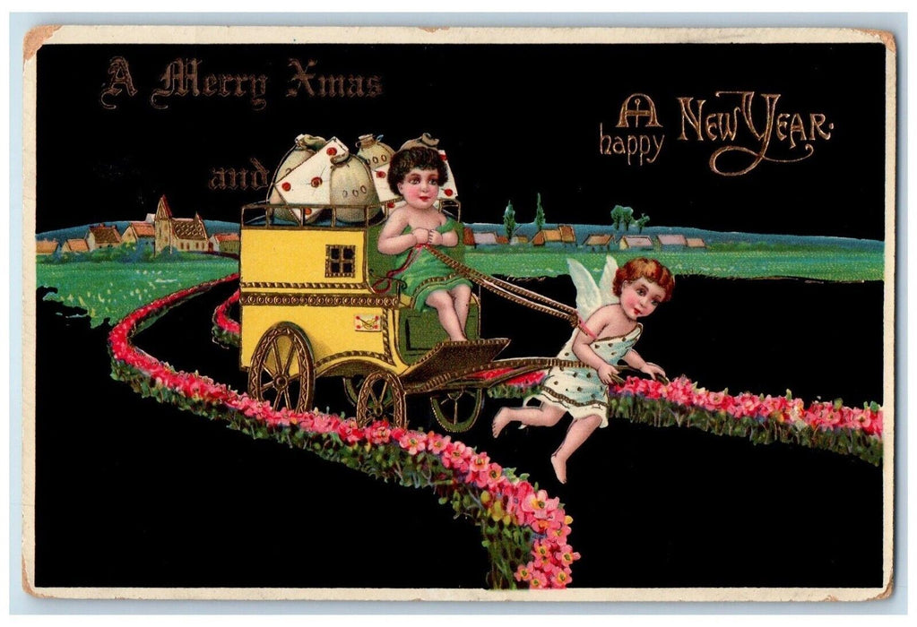 c1910's Christmas And New Year Angel Pulling Cart Coins Gel Gold Gilt Postcard
